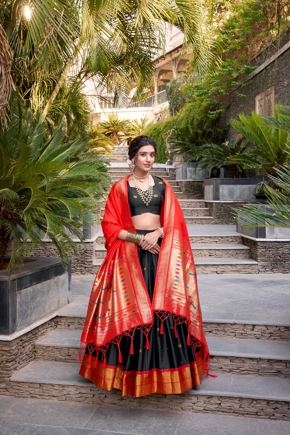 Black Jequard Silk Paithani Lehenga Choli With Dupatta