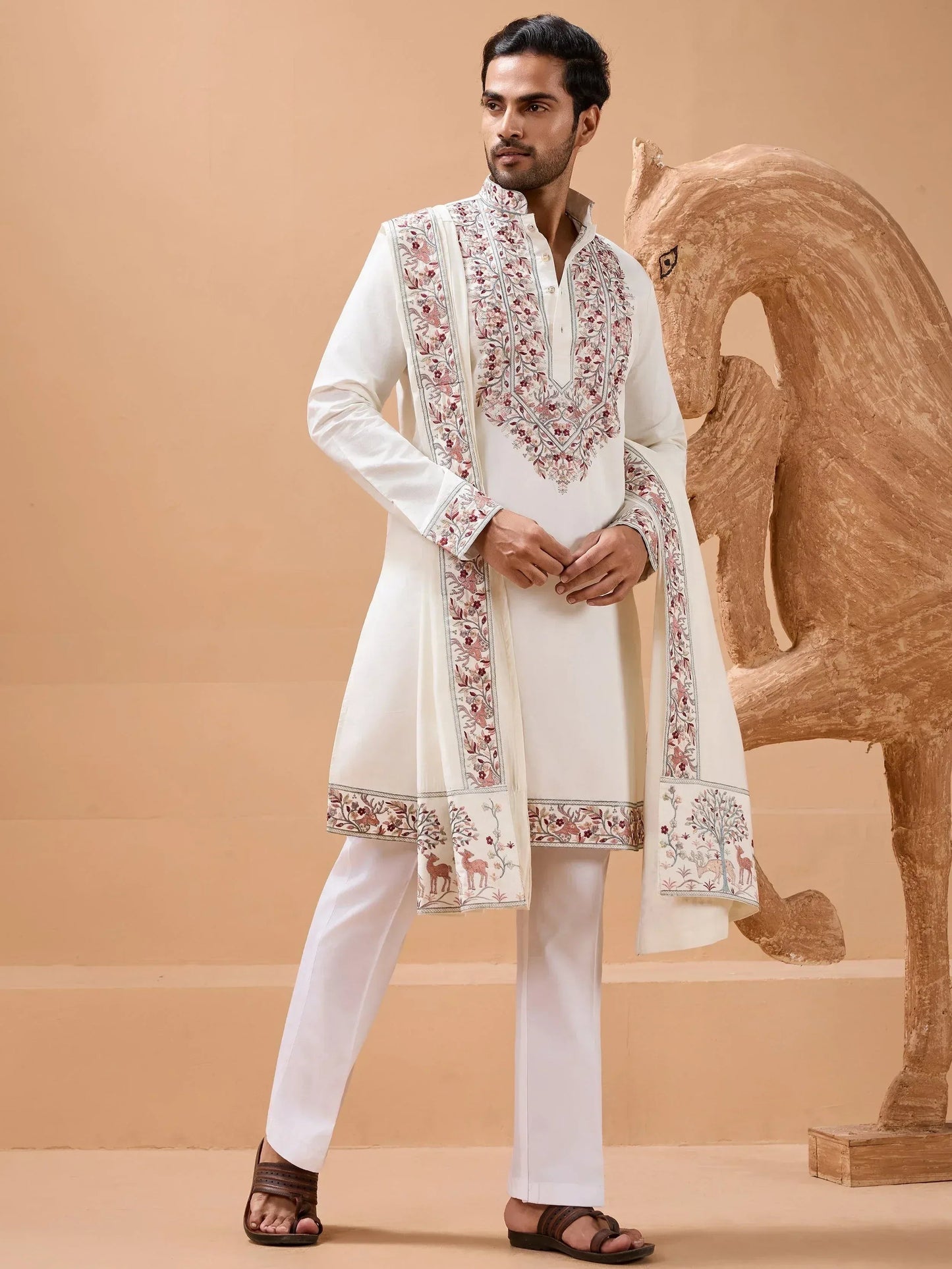 White Embroidered Silk Wedding Wear Men’s Kurta With Dupatta
