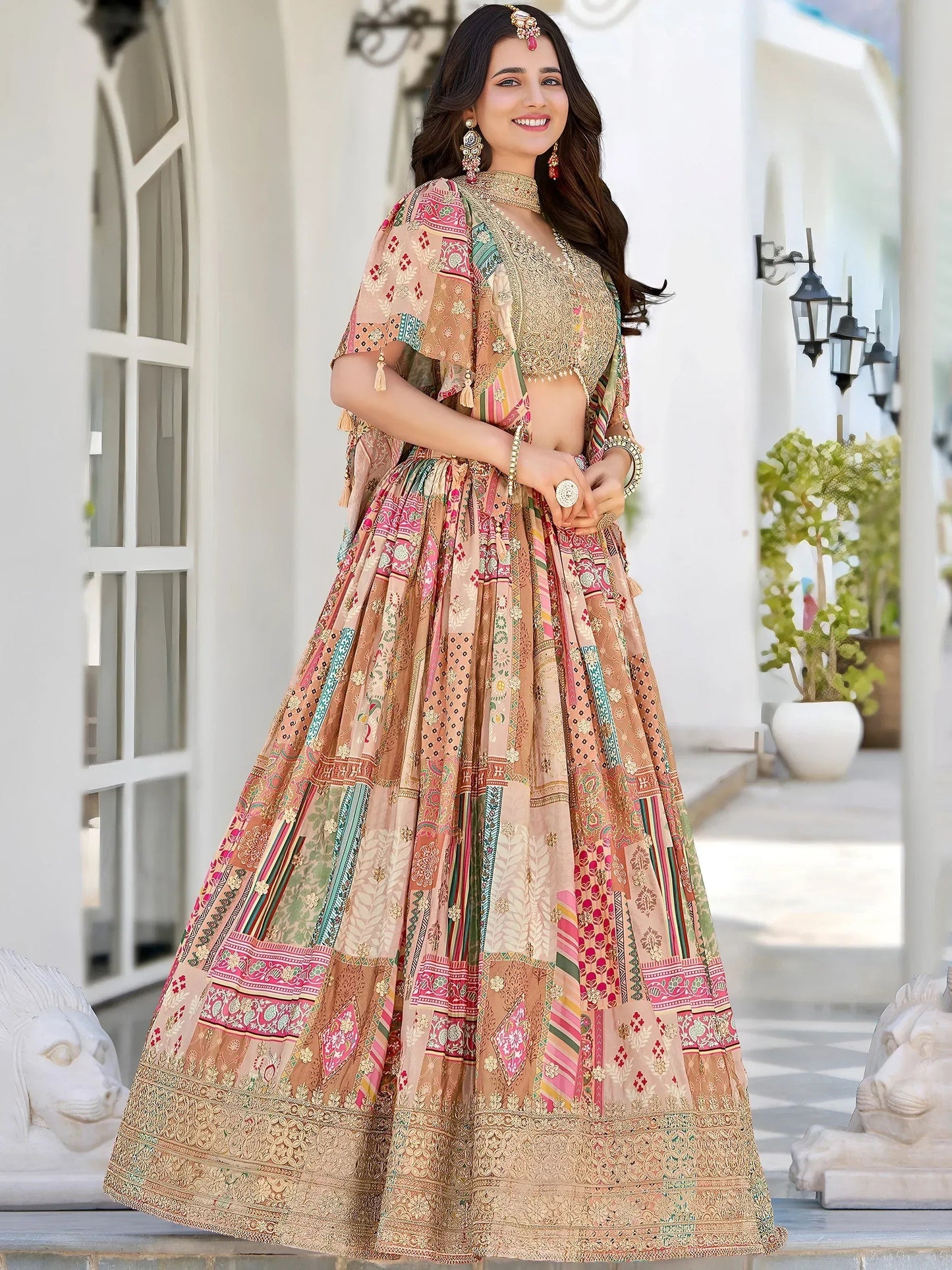 Beige Chinon Silk Zari Embroidered Lehenga Choli