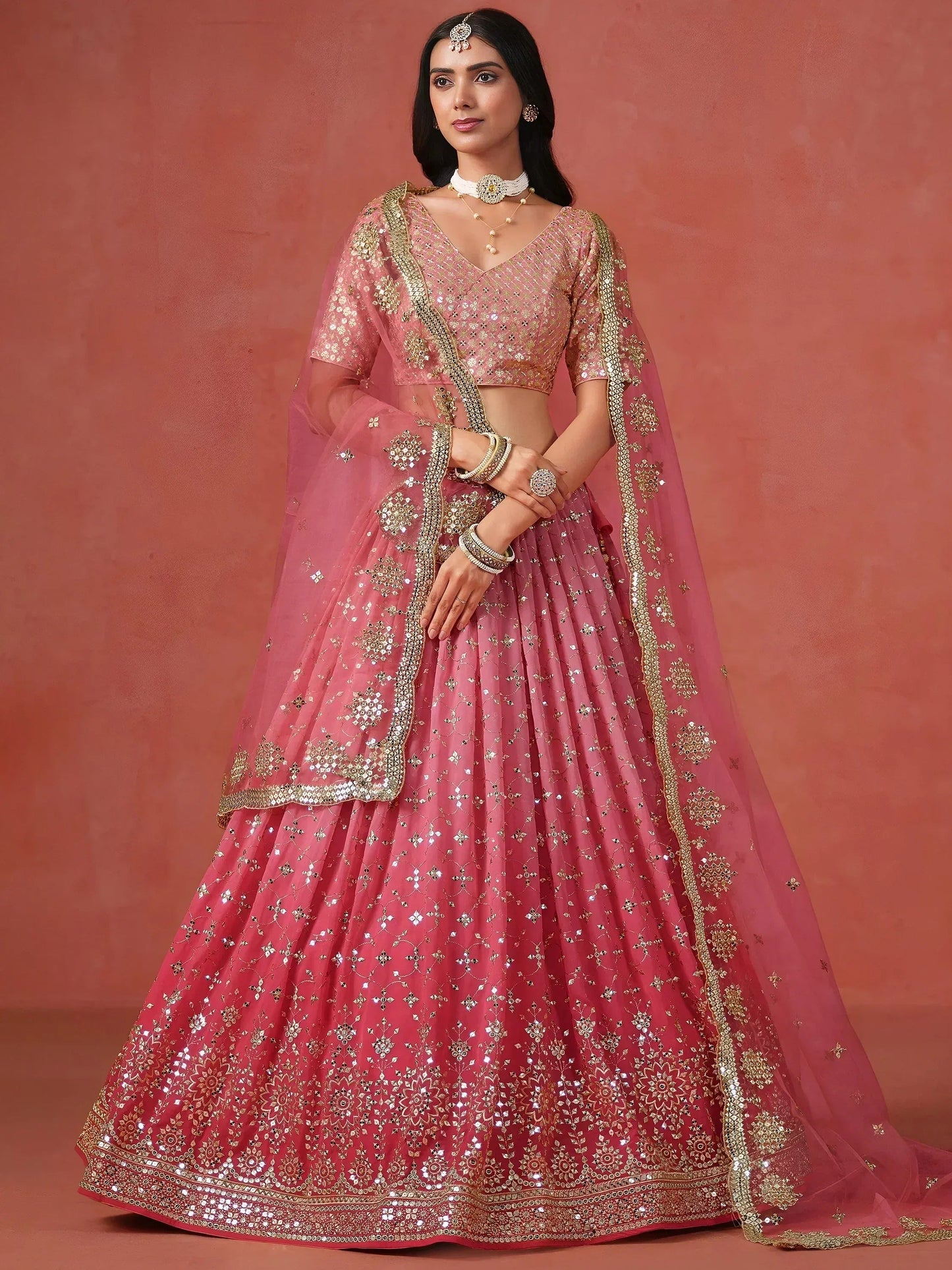 Peach Georgette Sequins Lehenga Choli