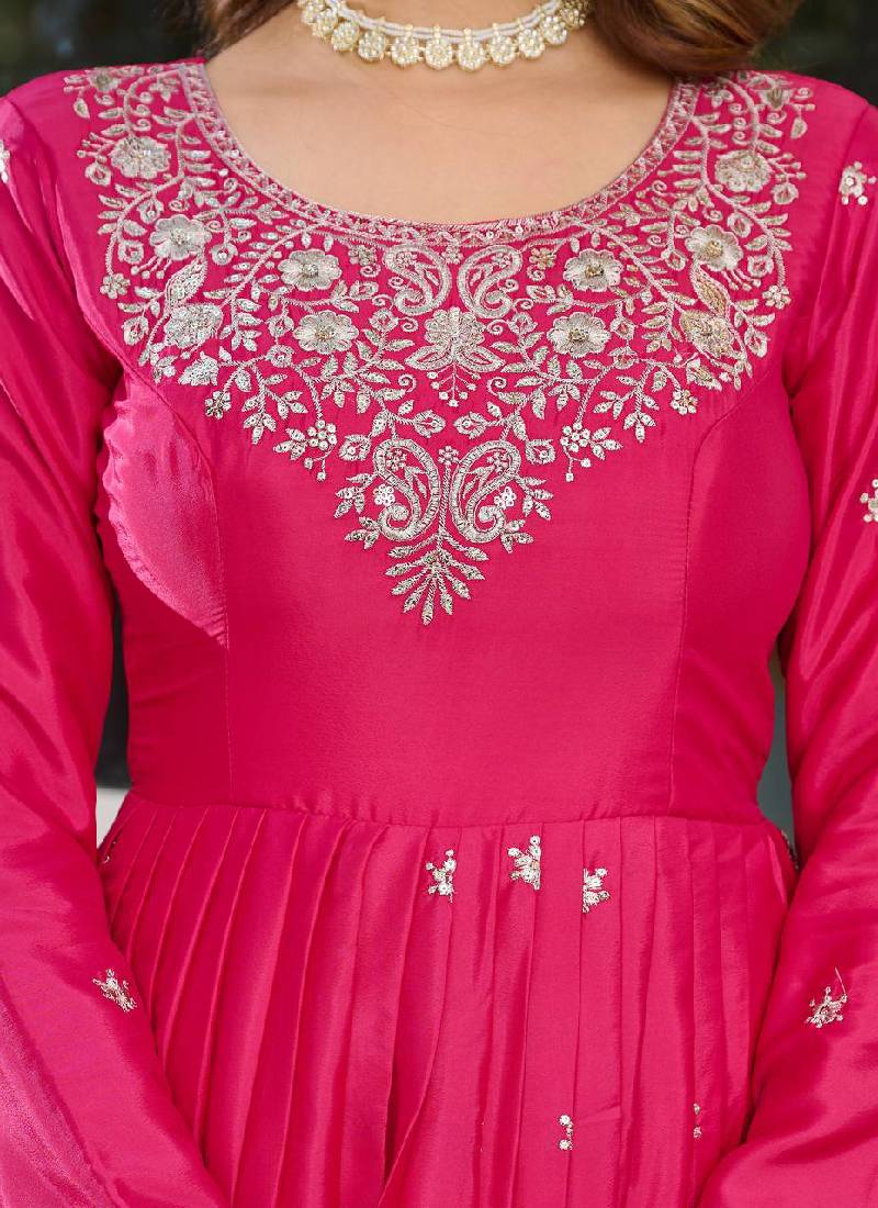 Silk Pink Zari Embroidered Anarkali Suit Pant With Dupatta