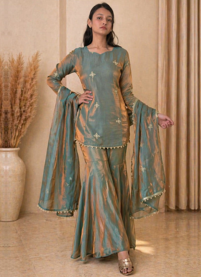 Fendi Silk Pista Green Zari Embroidered Salwar Kameez Set