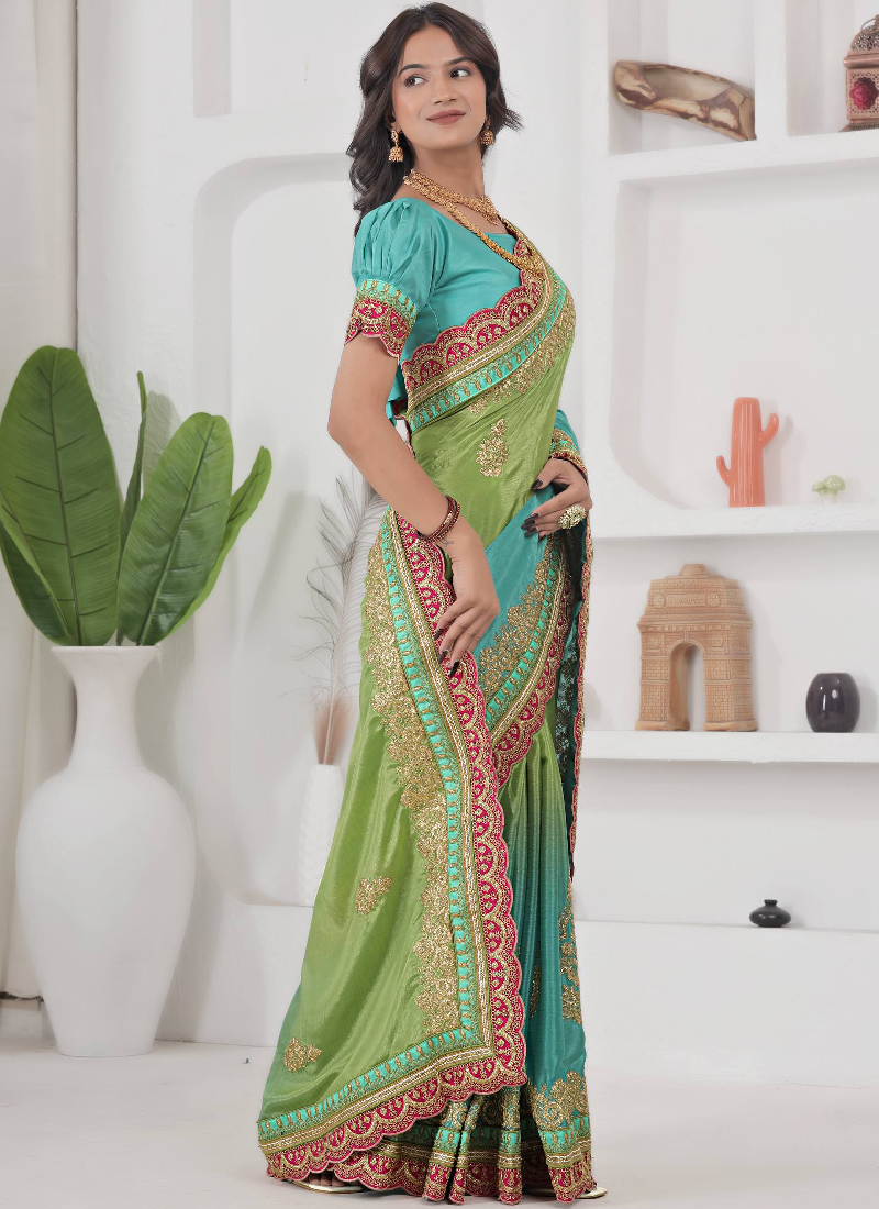 Chinon Silk Coding Work Parrot Green Saree With Blouse