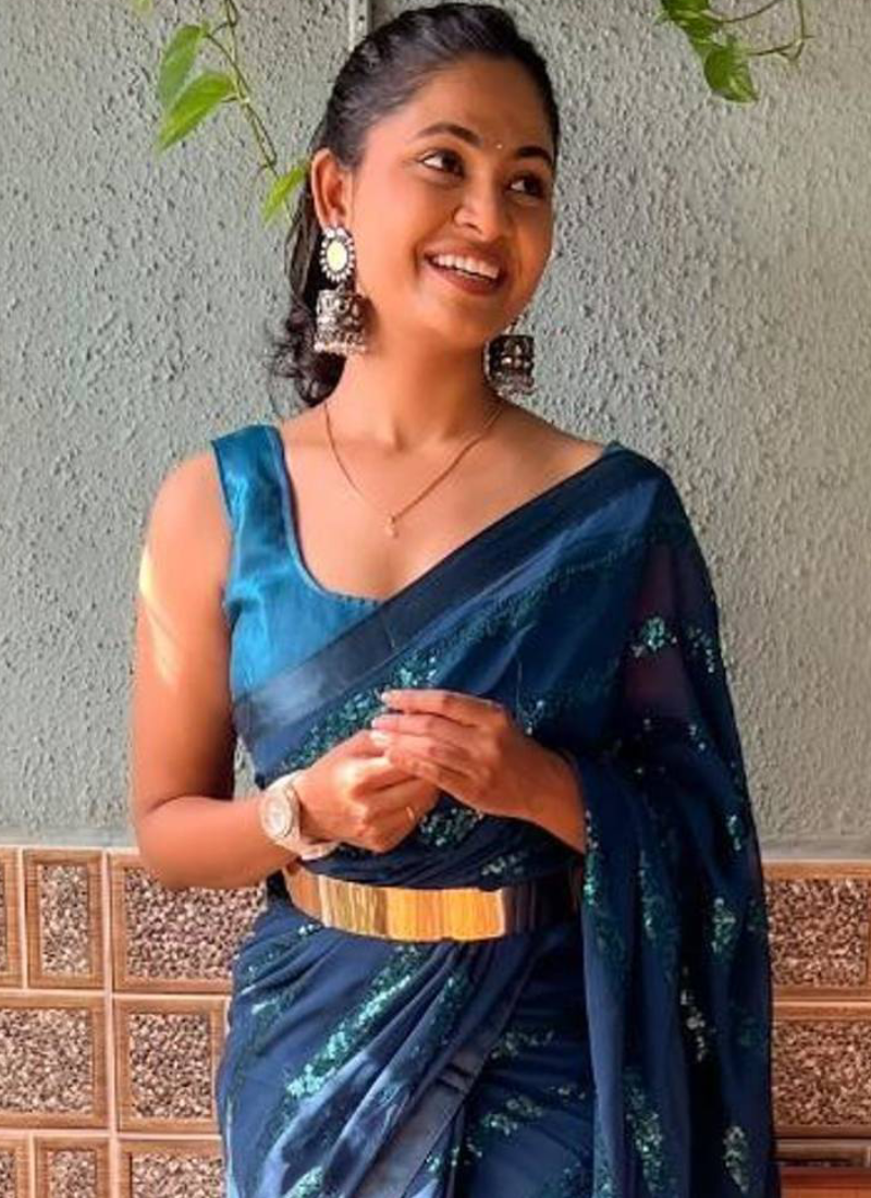 Teal Blue Sequence Work Georgette Party Wear Saree