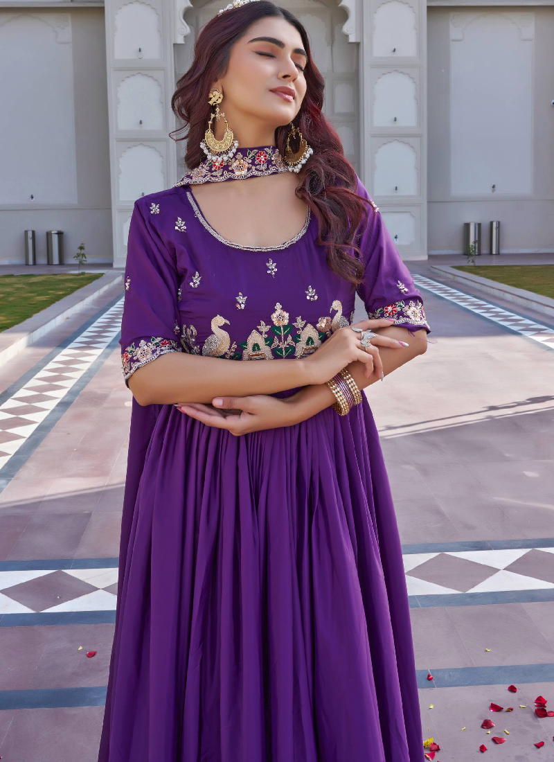 Crepe Silk Coding Sequence Work Purple Gown With Dupatta