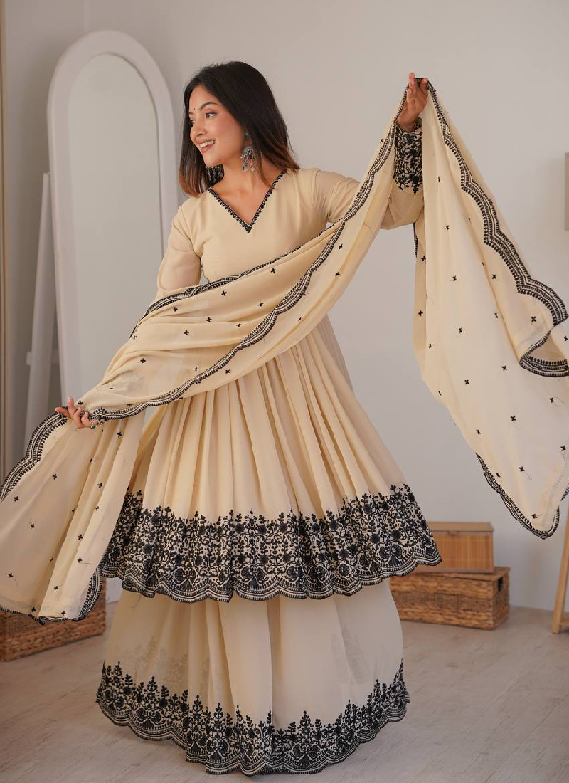 Thread Embroidered Georgette Beige Sharara Suit For Wedding