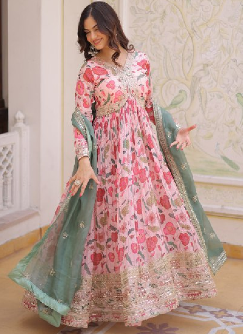 Floral Printed Russian Silk Embroidered Pink Gown With Dupatta