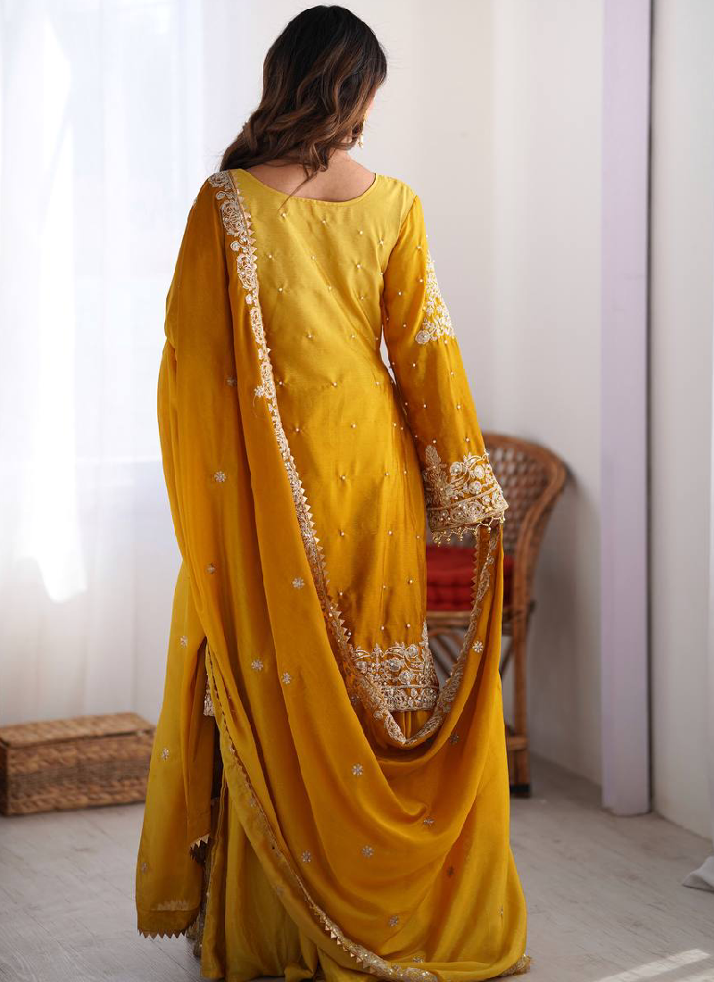 Dori Embroidered Work Chinon Silk Yellow Salwar Kameez