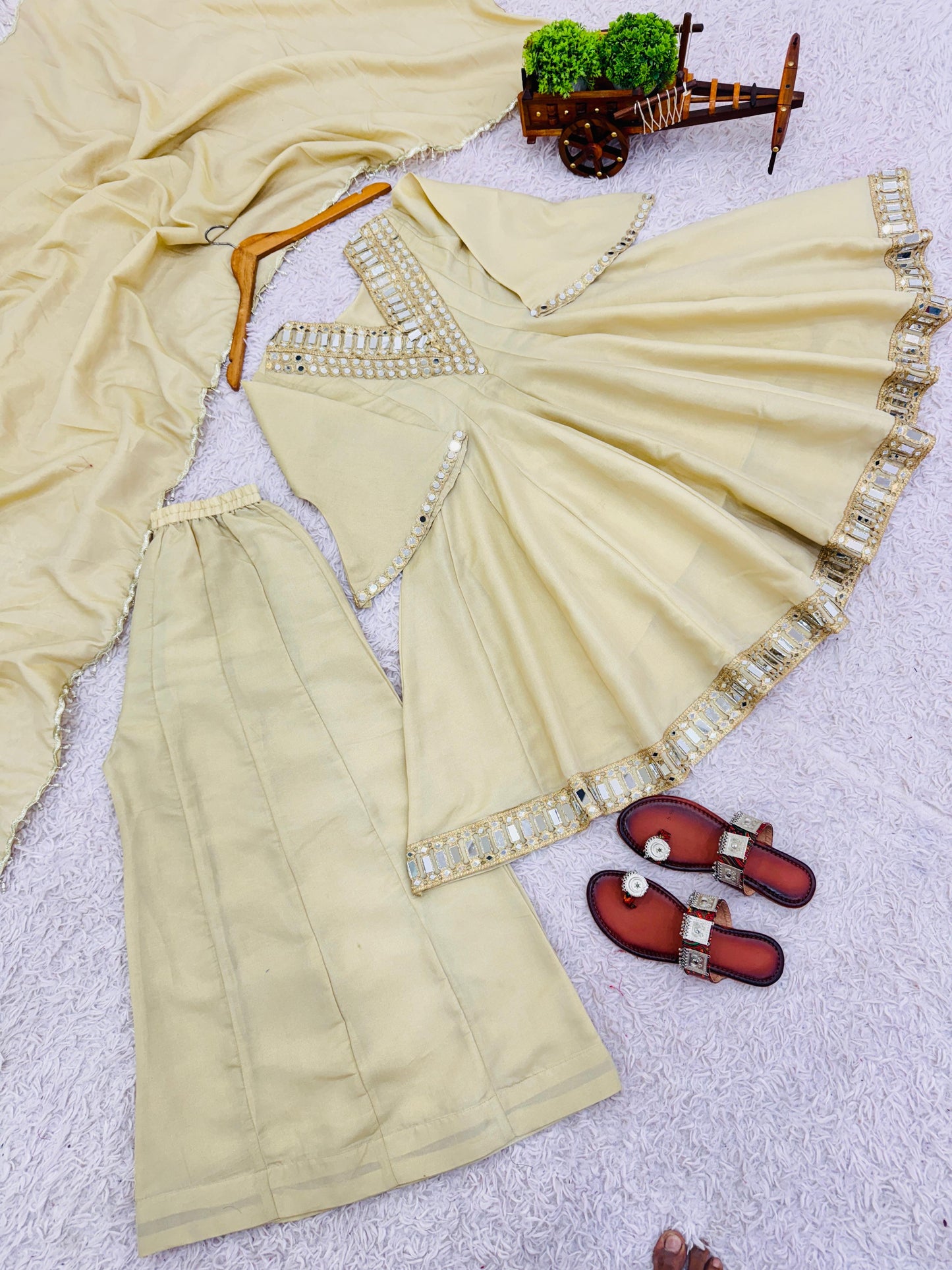 Exclusive Three Piece Palazzo Set Real Mirror Embroidery Work Ethnic Wear