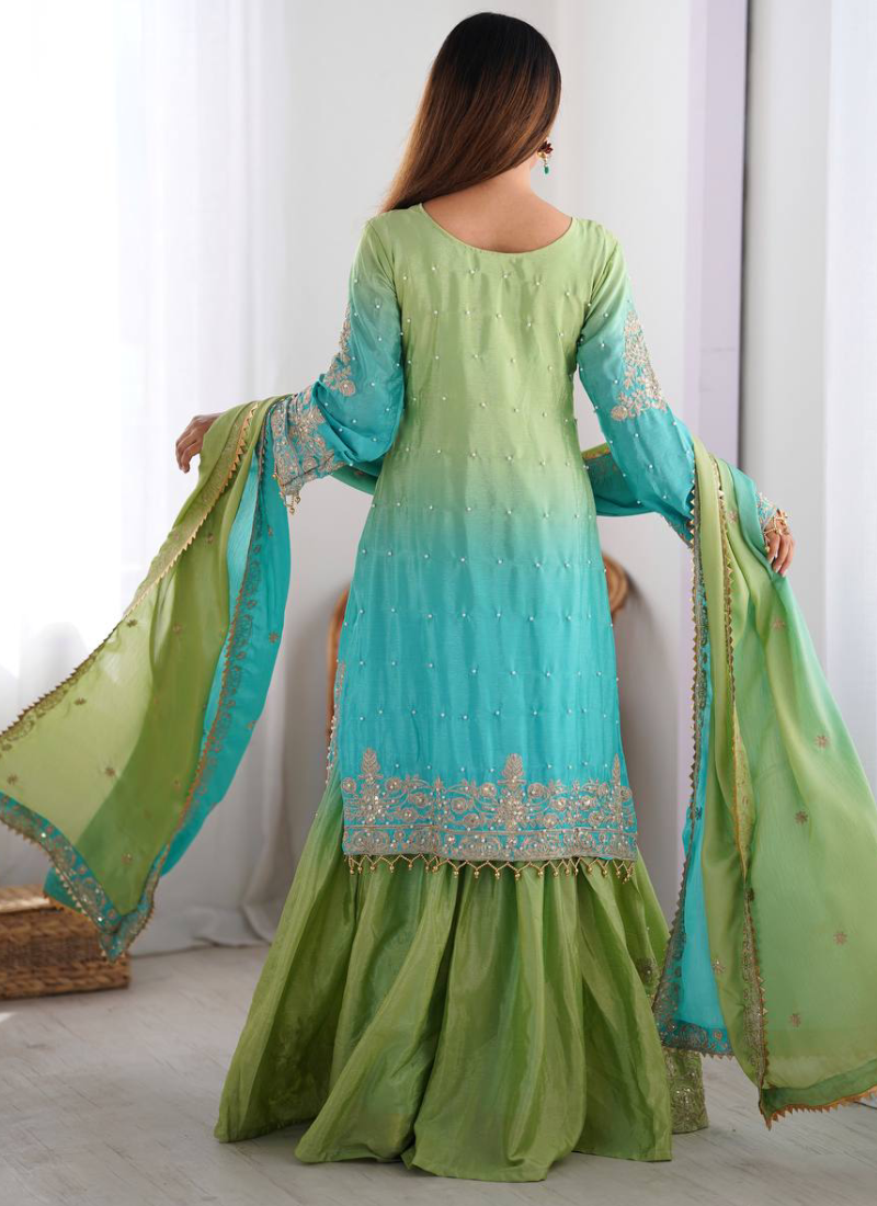 Chinon Silk Dori Work Sky Blue Top Bottom With Dupatta
