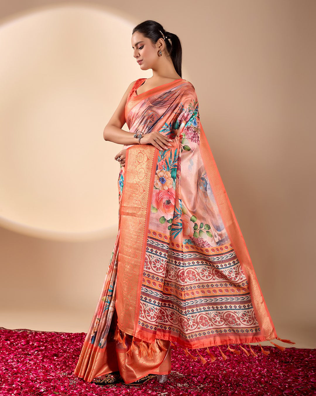 Soft Lichi Silk Saree Adorned With Elegant Floral Patterns