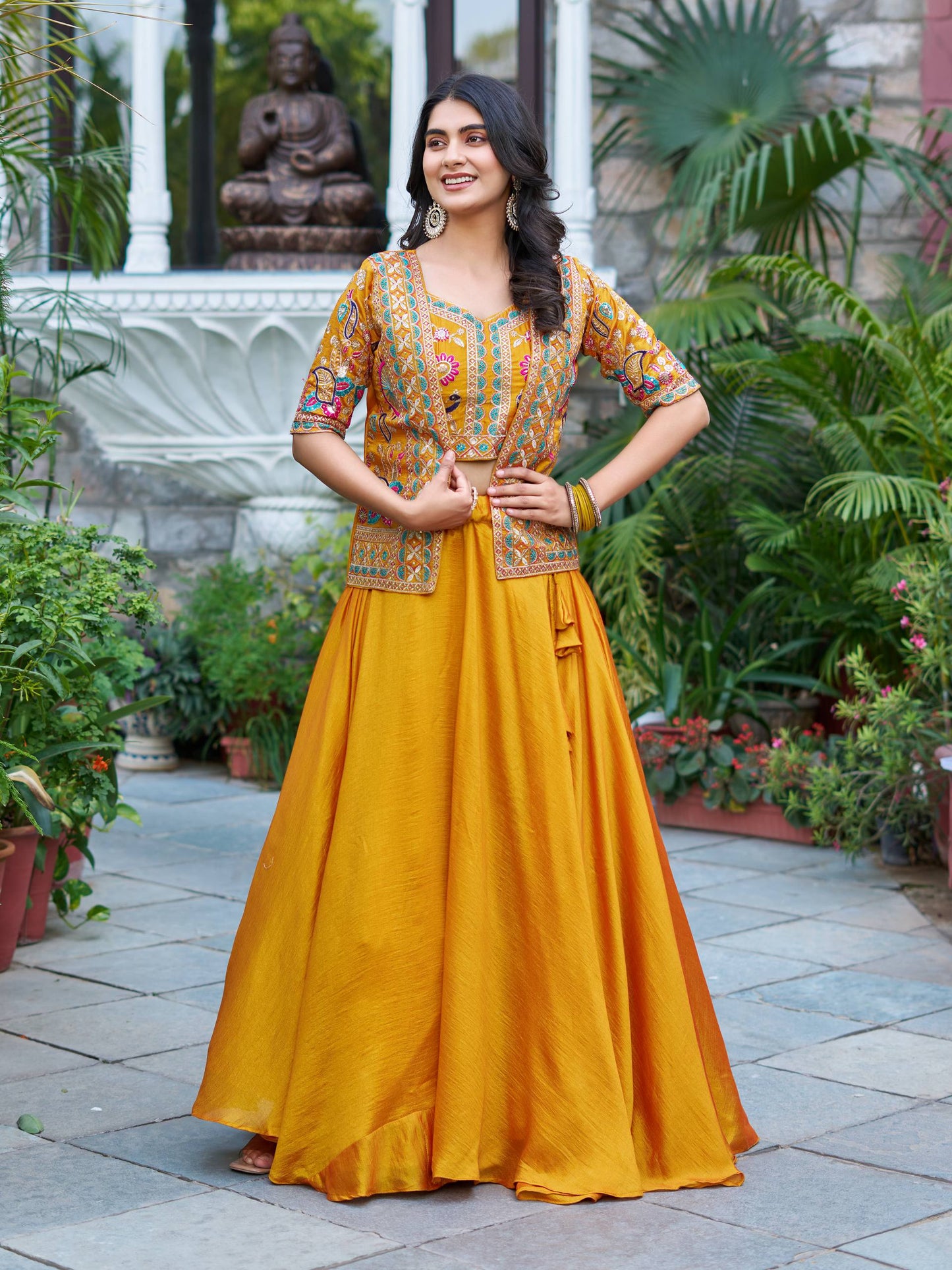 Mustard Yellow Festive Lehenga Choli with Shrug