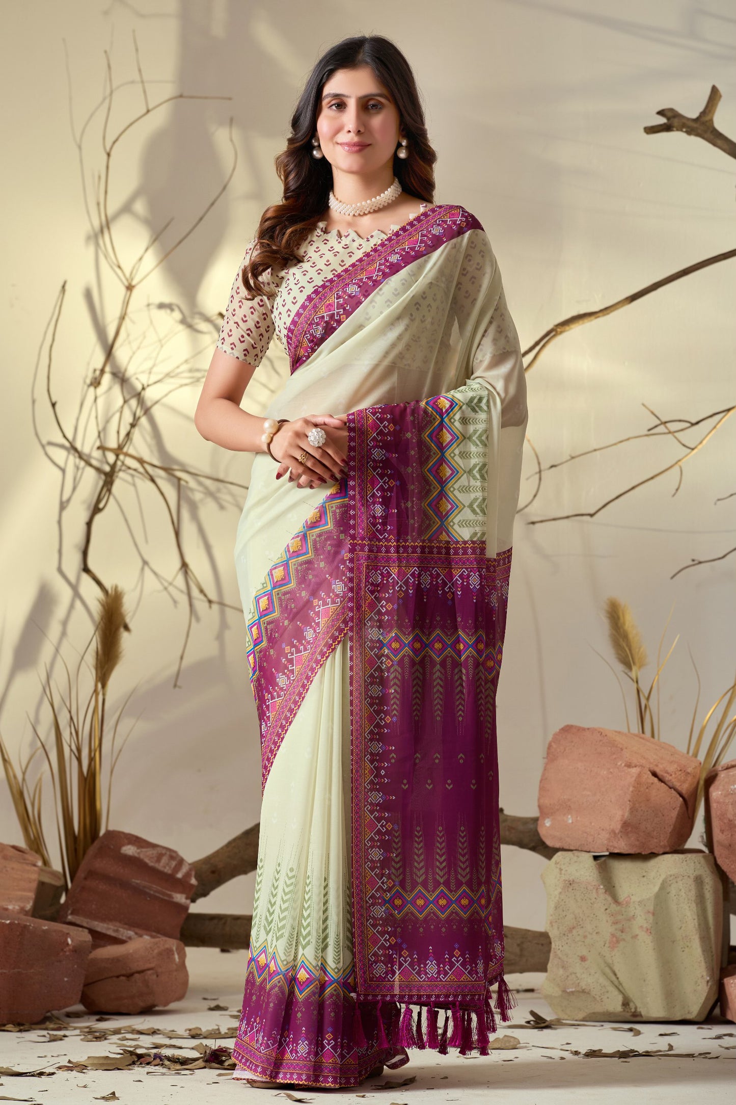 Soft Georgette Saree With Artistic Cream Body and Tassel Detailing