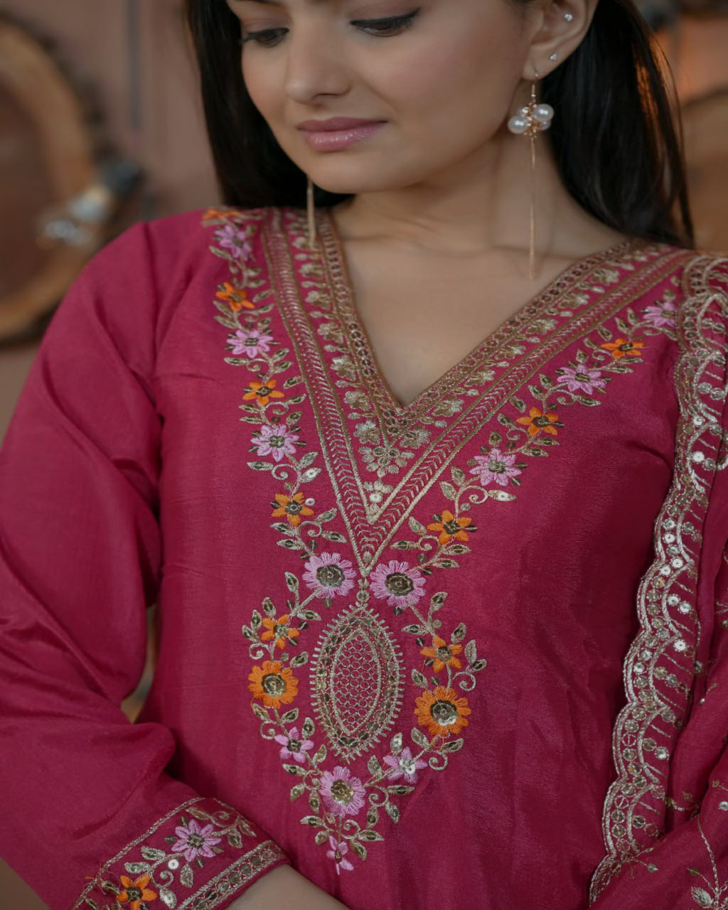 Designer Embroidered Chinon Suit With Multi Sequence Embroidered Work