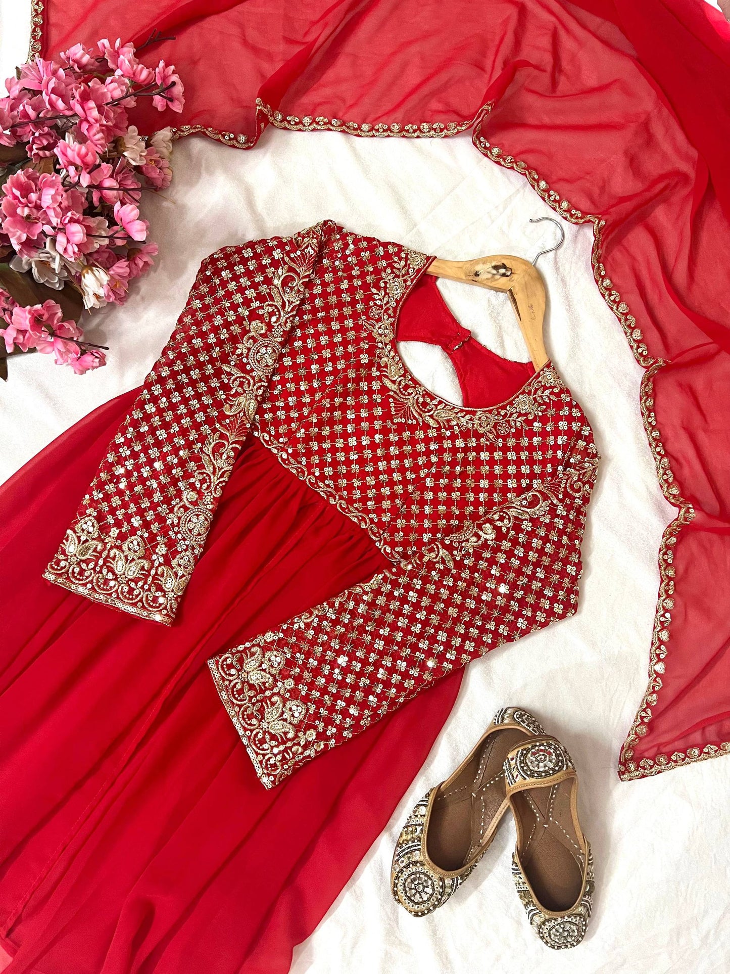 Royal Red color Kediya Style Georgette Sharara set paired with a dreamy Georgette dupatta