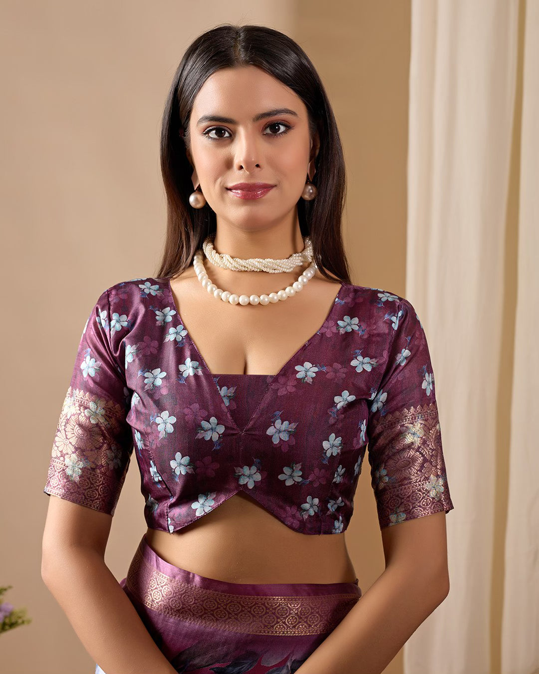 Soft Lichi Silk Saree Beautifully Enhanced With Large Blooming Floral Prints