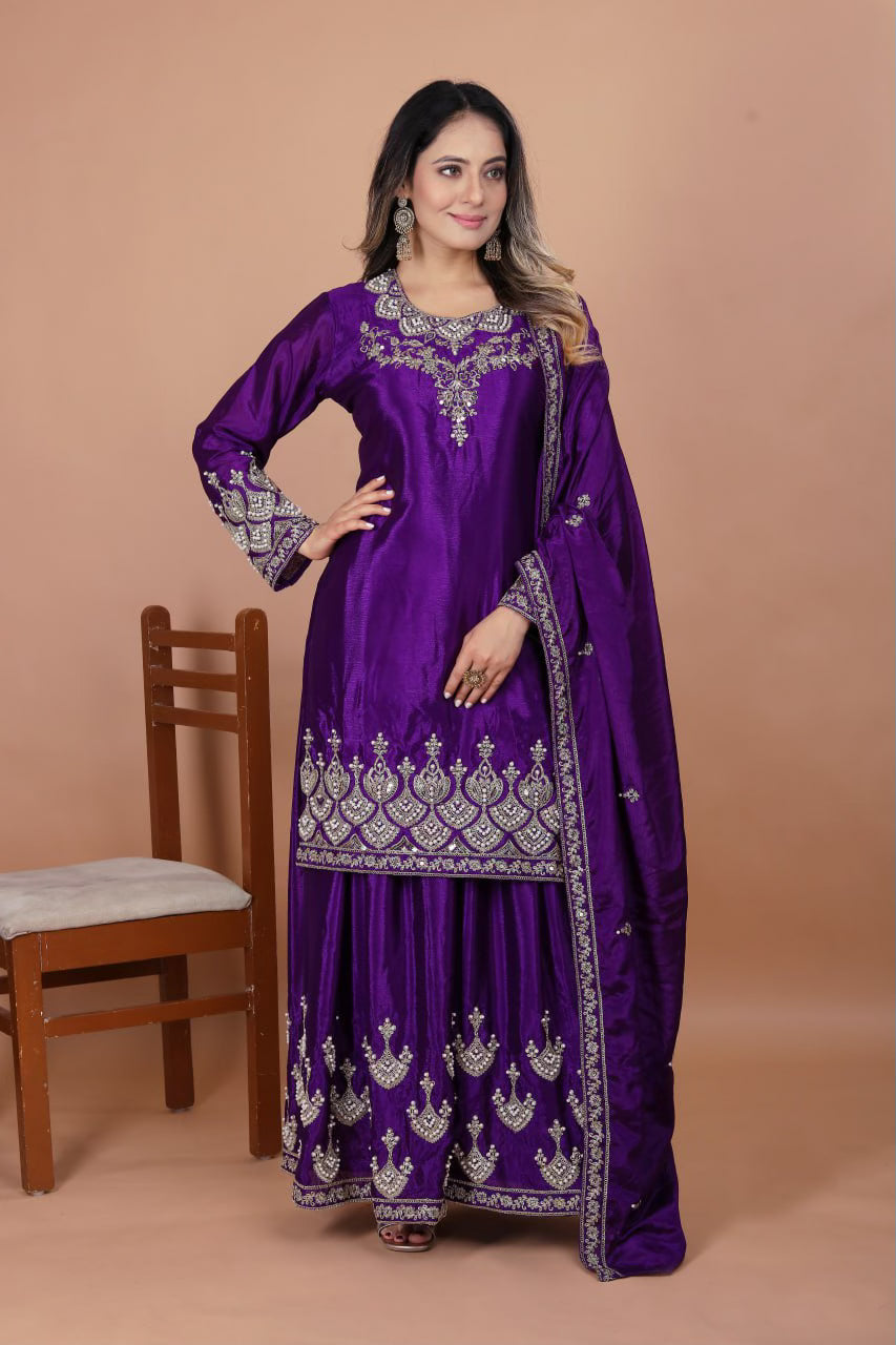 Designer Embroidered Chinon Sharara Suit With Coding Sequence Embroidered Work And Rivet Moti Work