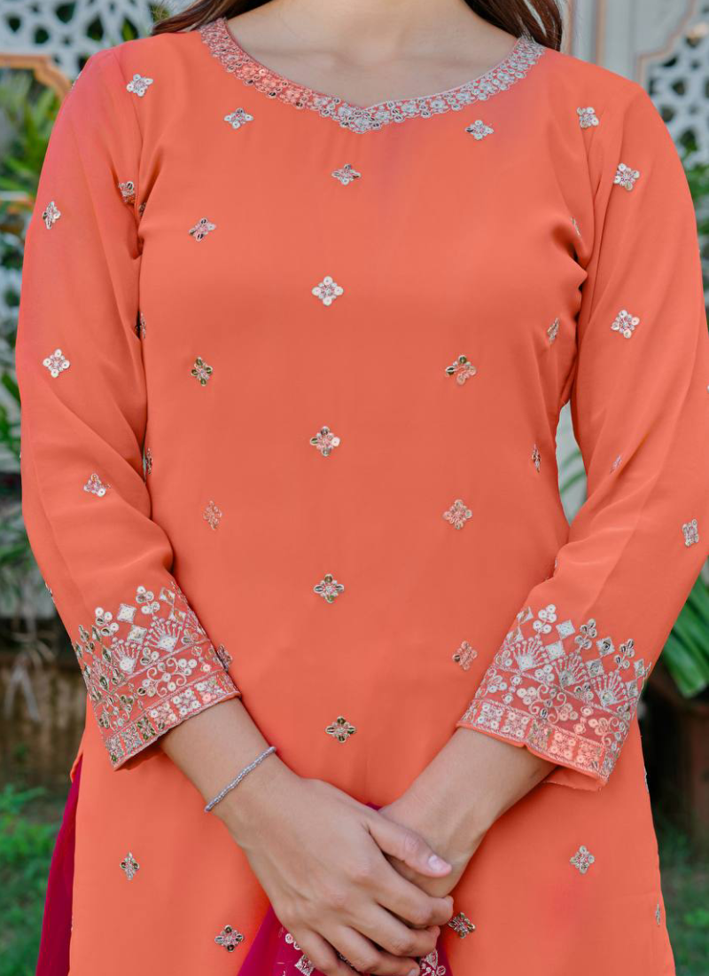 Embroidered Peach And Dark Pink Georgette Palazzo Suit Set