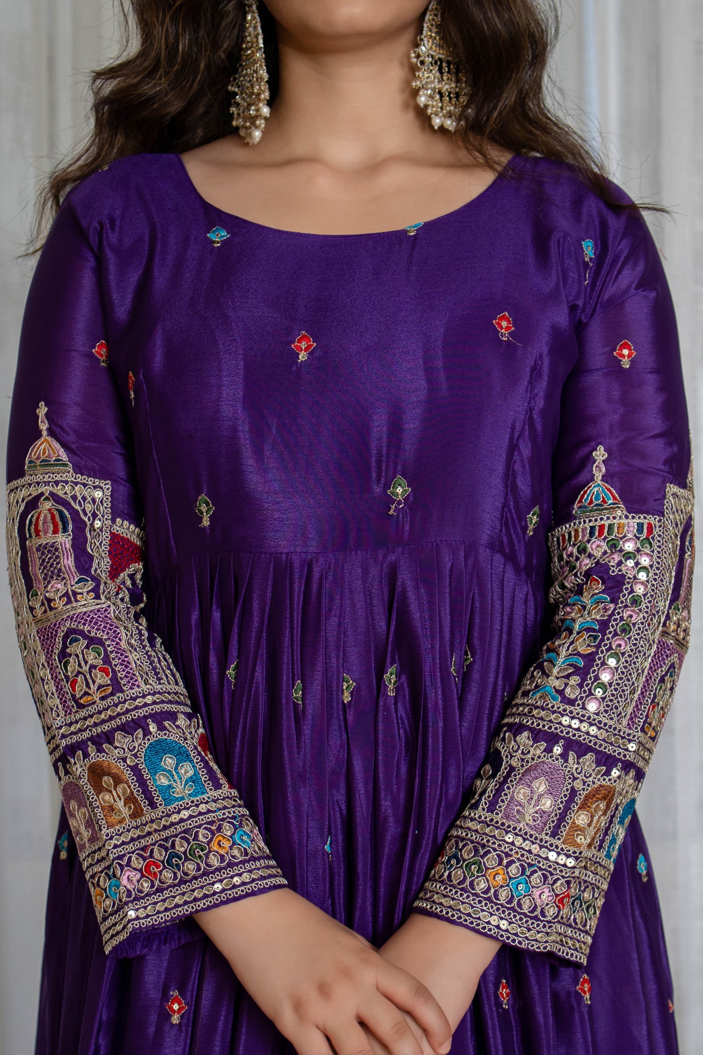 Purple Pure Chinnon Silk Embroidered Gown Set with Pant and Matching Dupatta