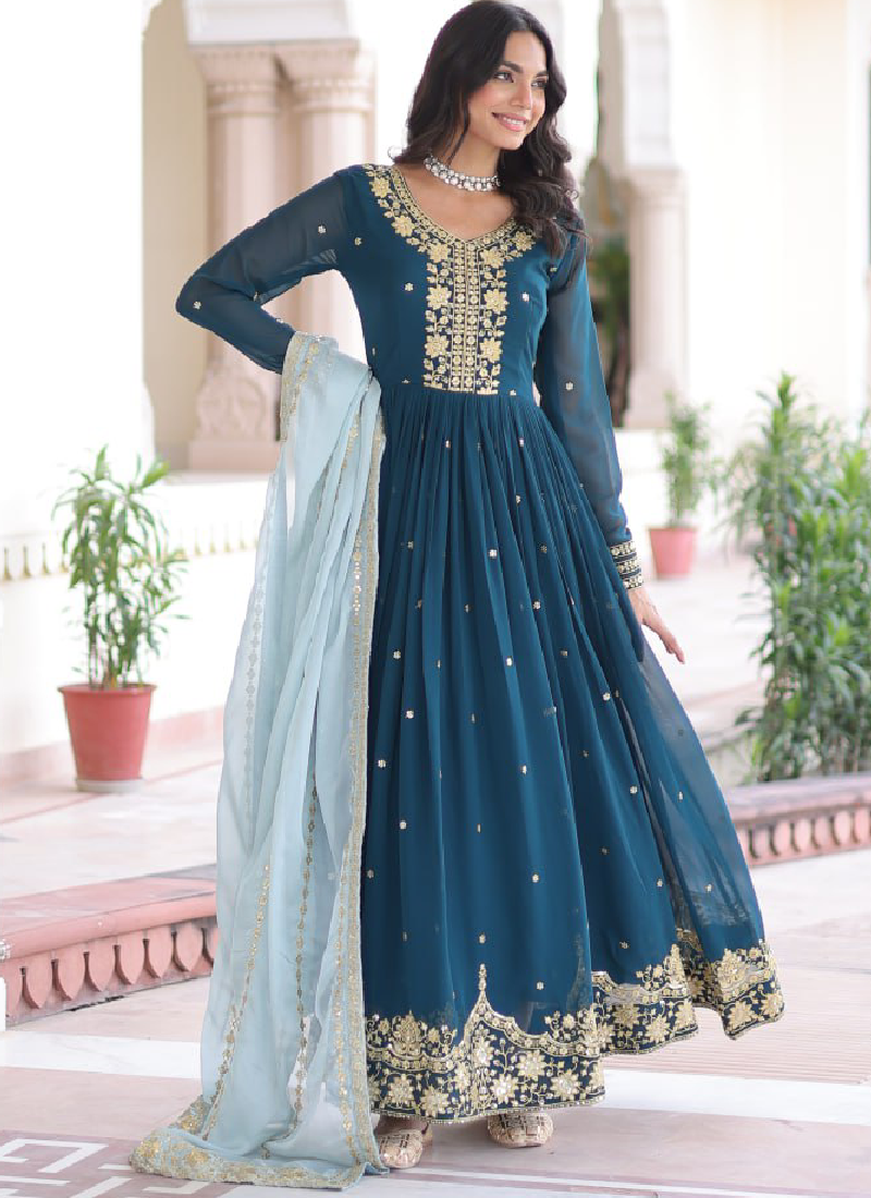 Georgette Sequence Embroidered Teal Blue Gown With Dupatta