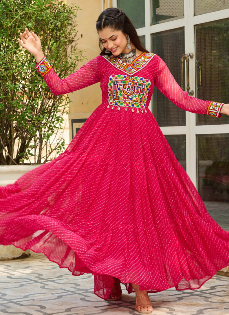 Laheriya Printed Gamthi Work Georgette Pink Gown