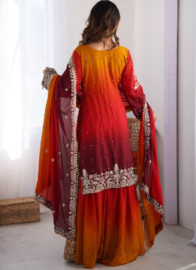 Red Coding Embroidered Work Silk Salwar Kameez For Women