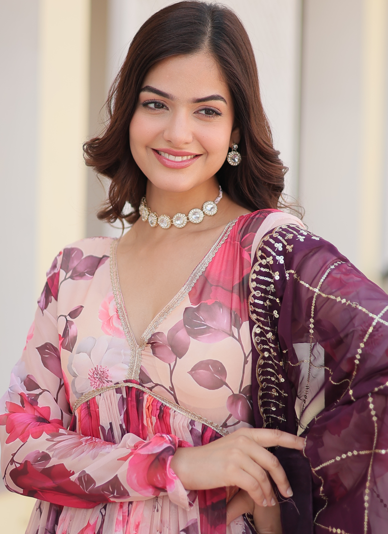 Digital Printed Silk Off White Anarkali Gown With Dupatta