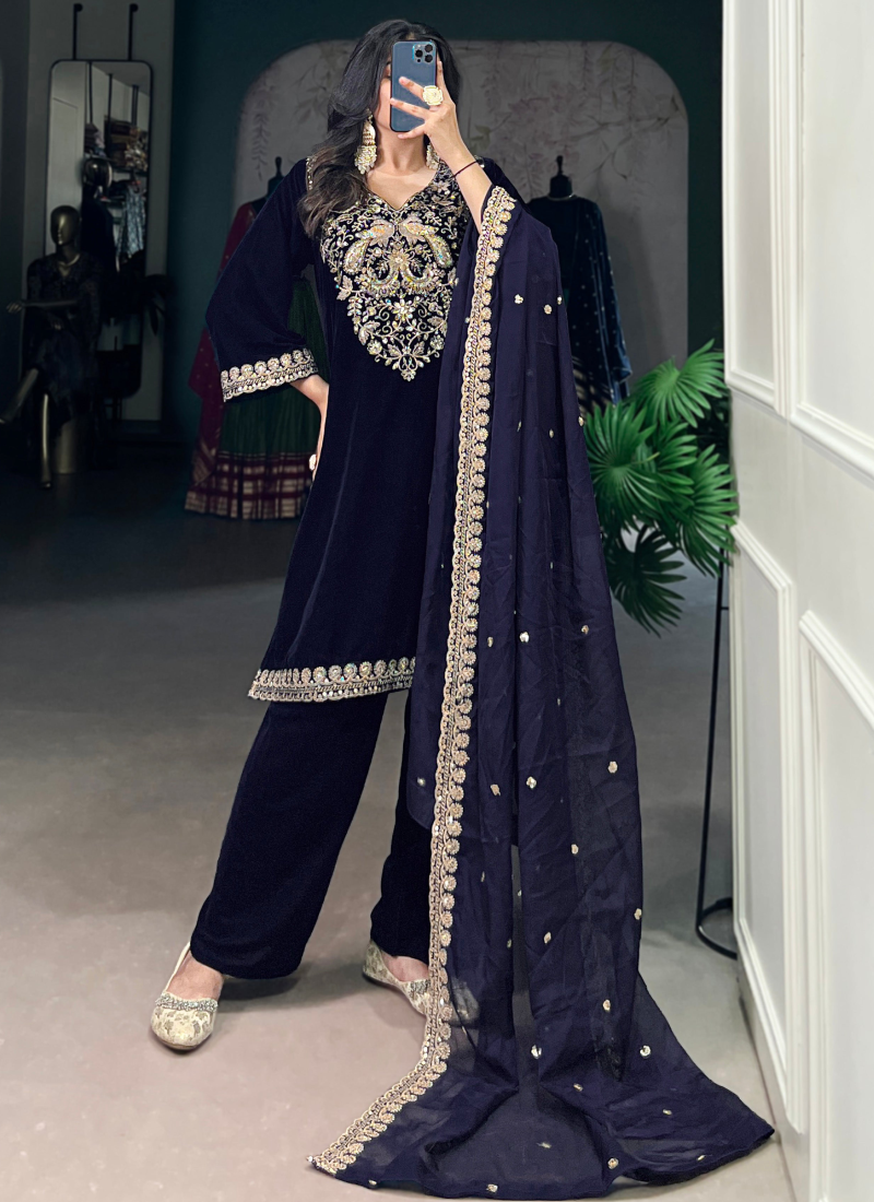 Navy Blue Sequence Embroidery Velvet Kurta Pant Dupatta