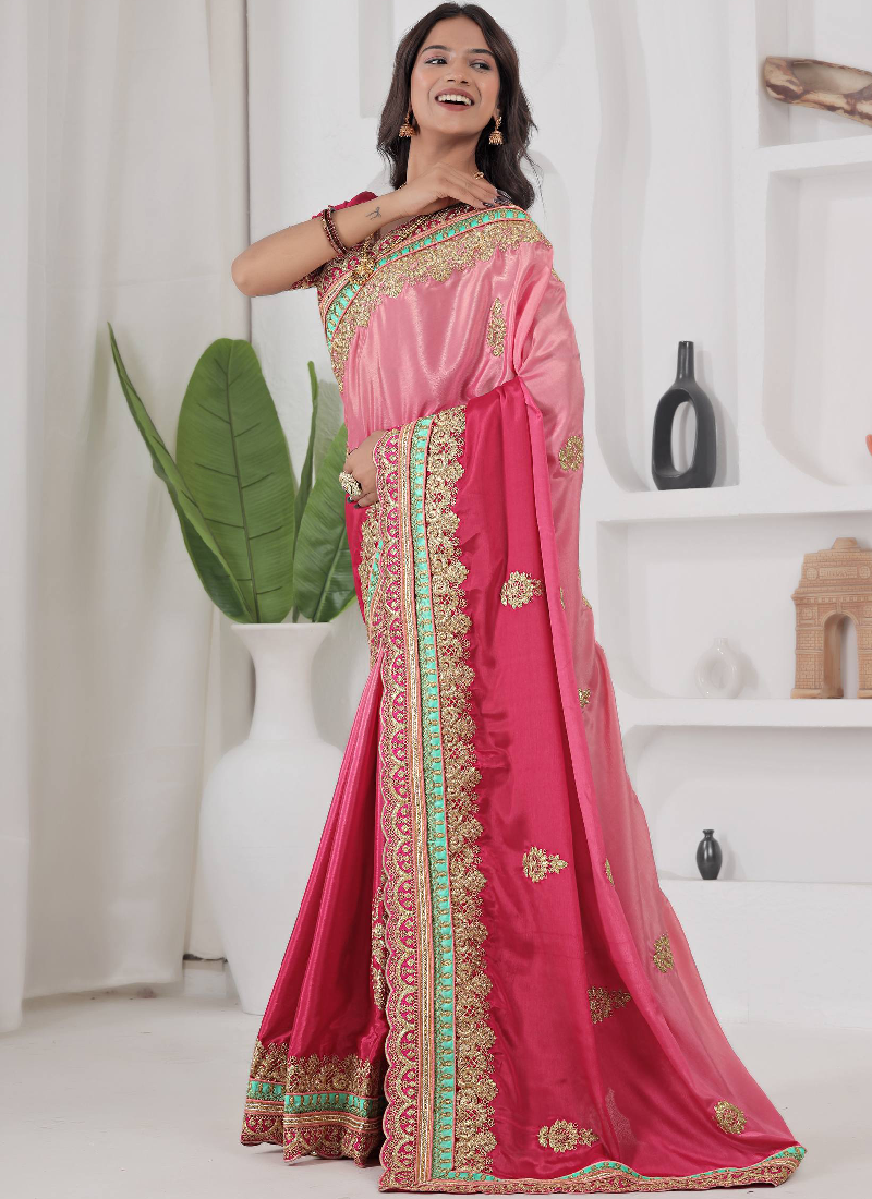 Embroidered Work Silk Red And Peach Shaded Saree With Blouse