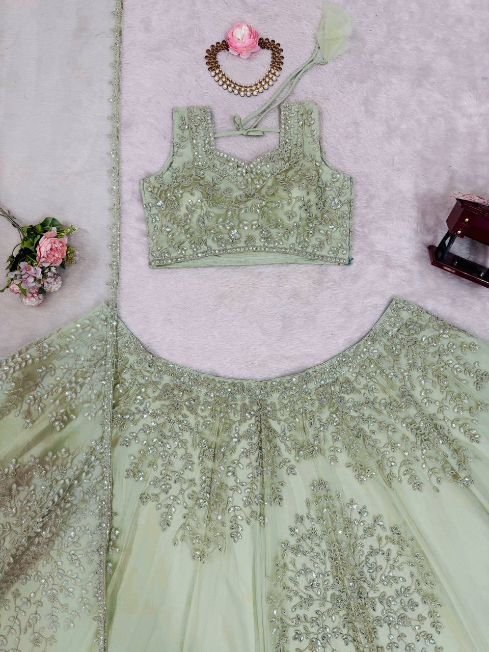 Soft net pista green colour lehenga choli set