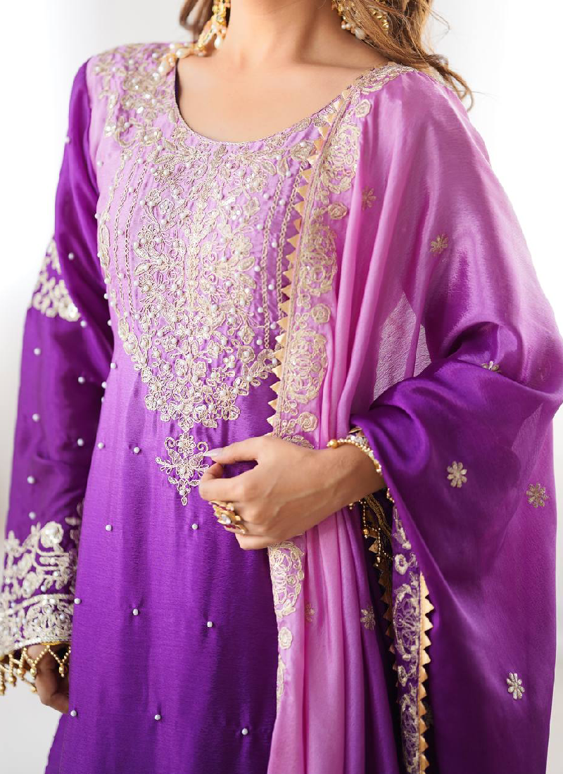 Purple Sequin Embroidered Chinon Silk Salwar Kameez With Dupatta