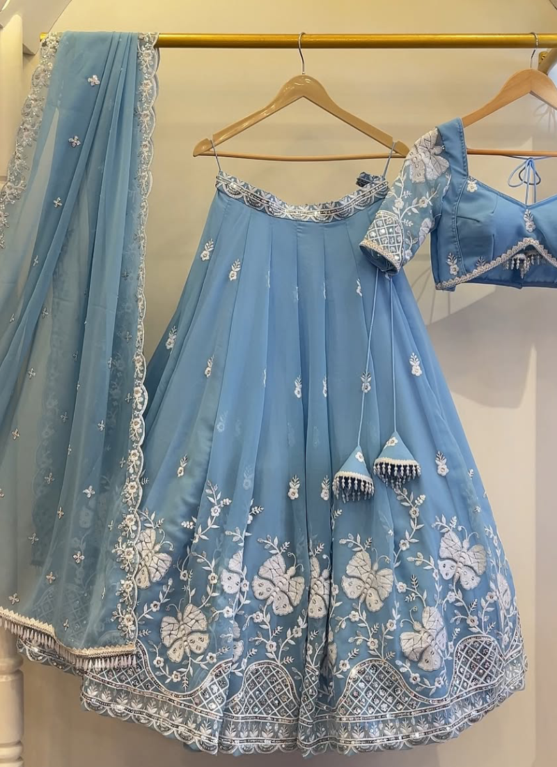 Sky Blue Embroidered Georgette Lehenga Choli For Wedding