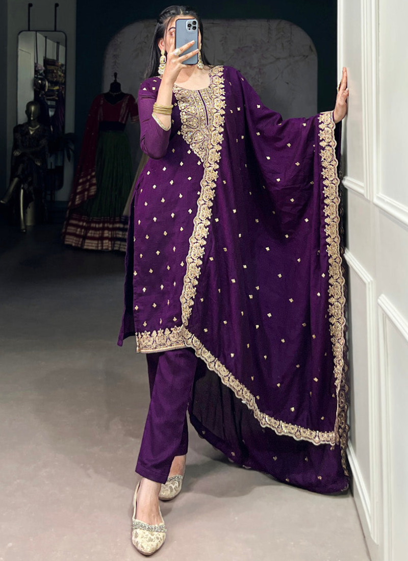 Thread Embroidered Purple Vichitra Silk Kurta Pant For Women