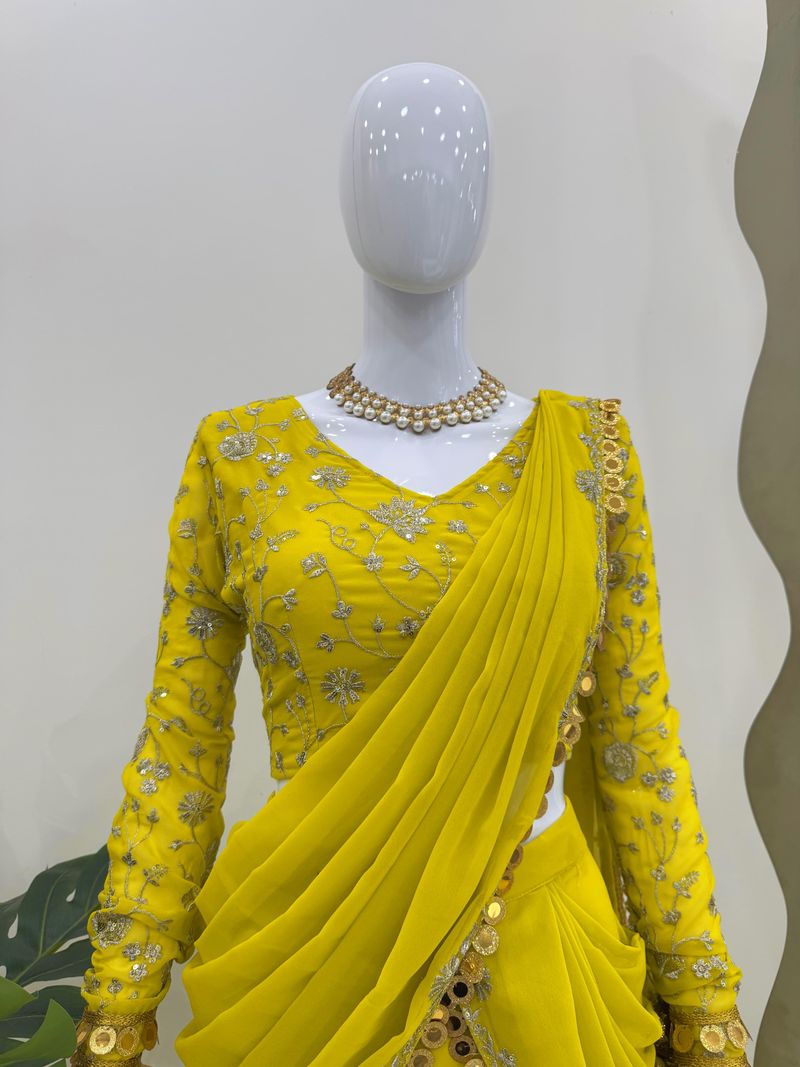 Yellow foux georgette thread with sequence with coin lace border ready to wear lehenga saree
