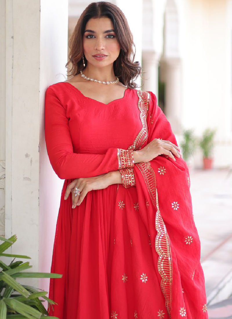 Vichitra Silk Intricate Embroidered Red Anarkali Gown