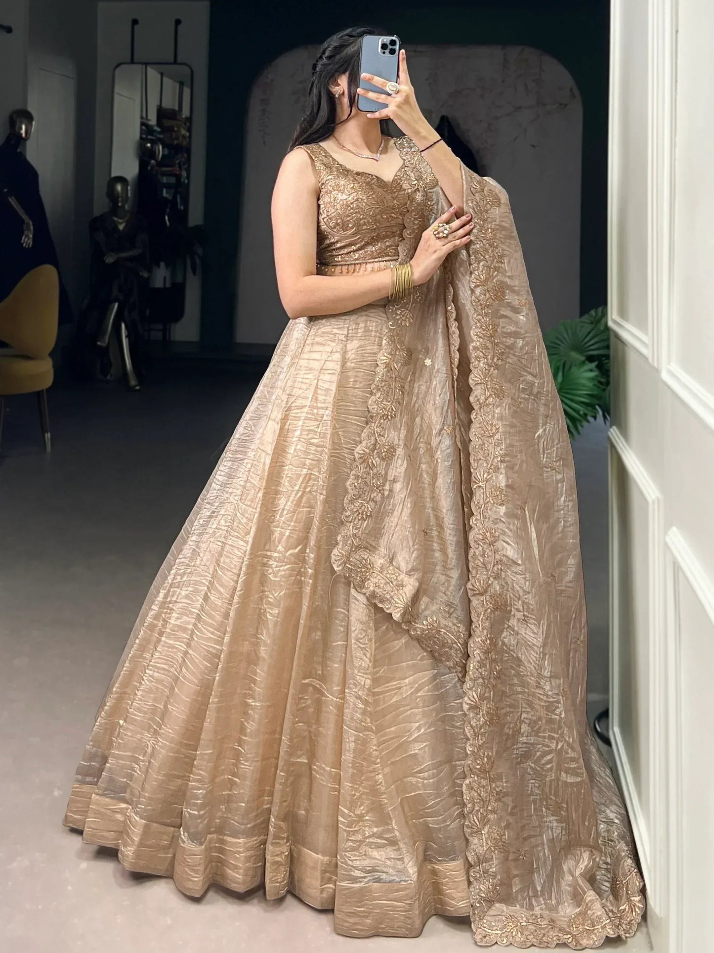 Golden Organza Thread Work Festive Wear Lehenga Choli