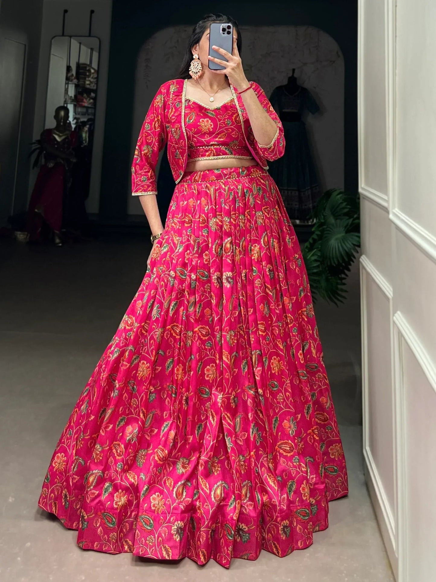 Hot Pink Floral Print Tussar Silk Crop Top Lehenga With Jacket