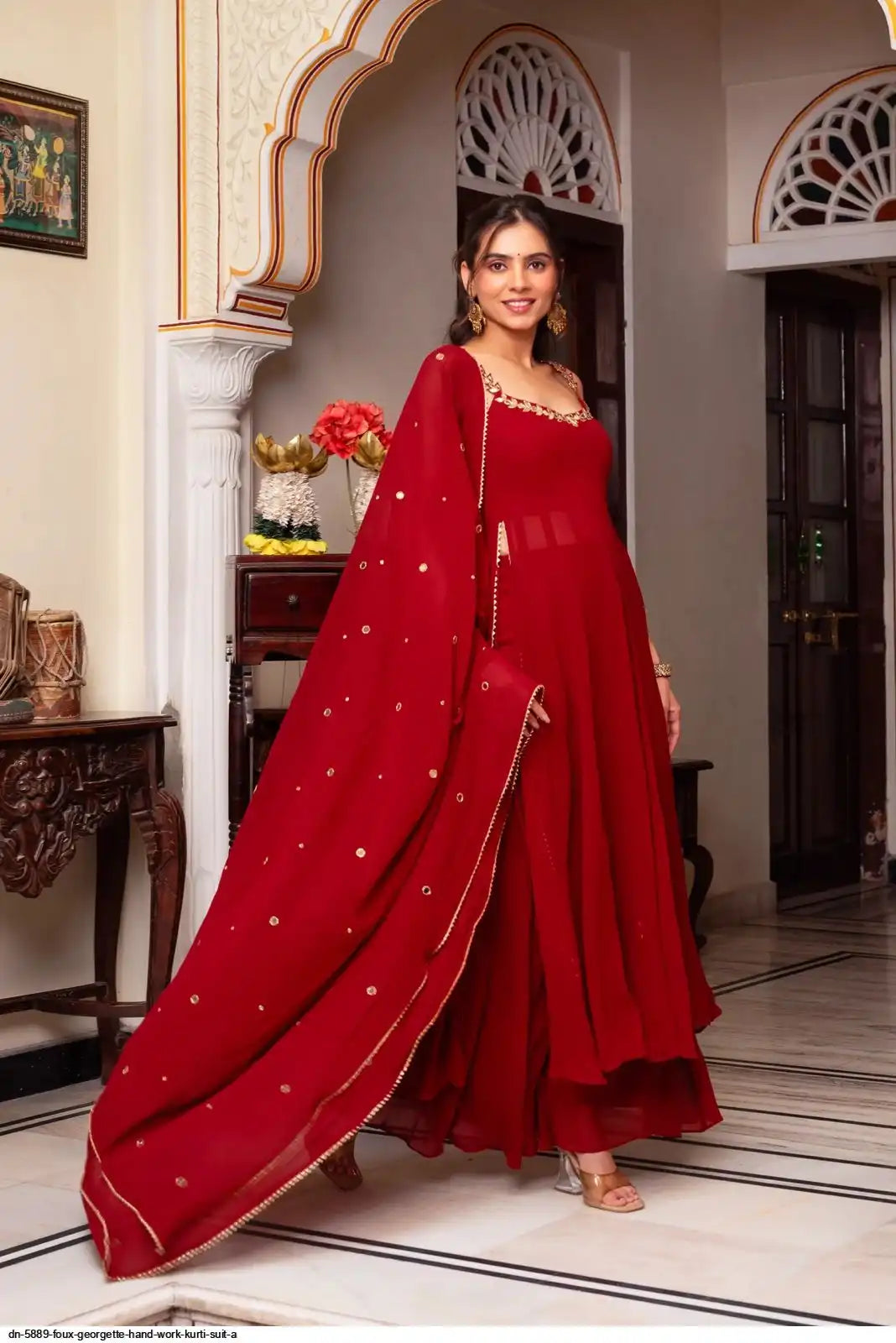 Red Hand Mirror Work Anarkali Set