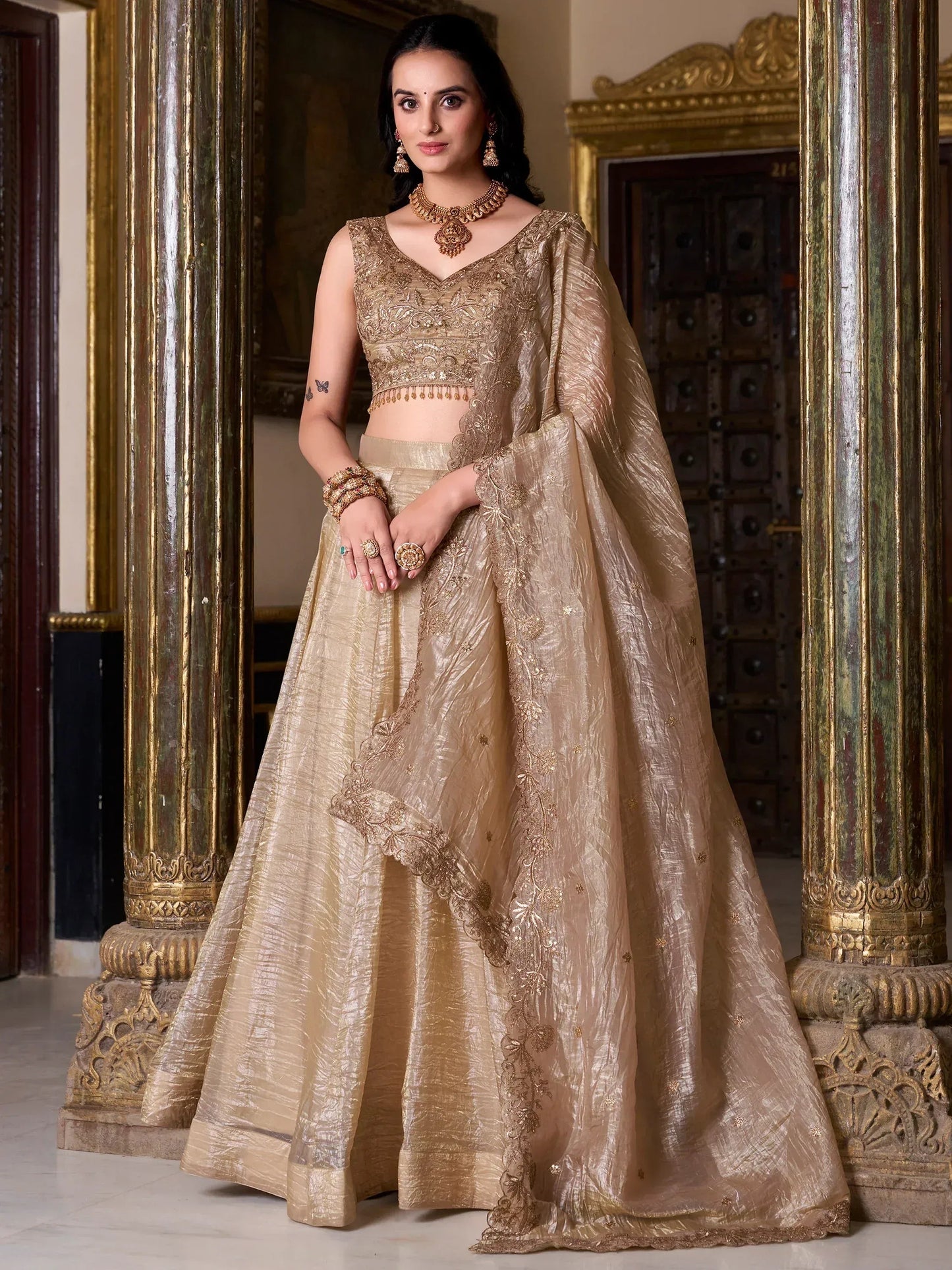 Golden Sequins Organza Wedding Lehenga Choli With Dupatta