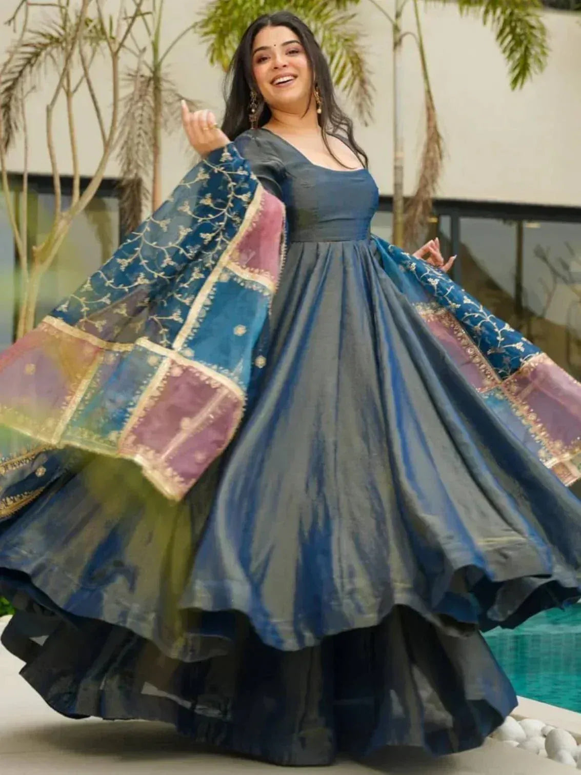 Teal Blue Silk Festive Wear Palazzo Suit With Sequins Dupatta