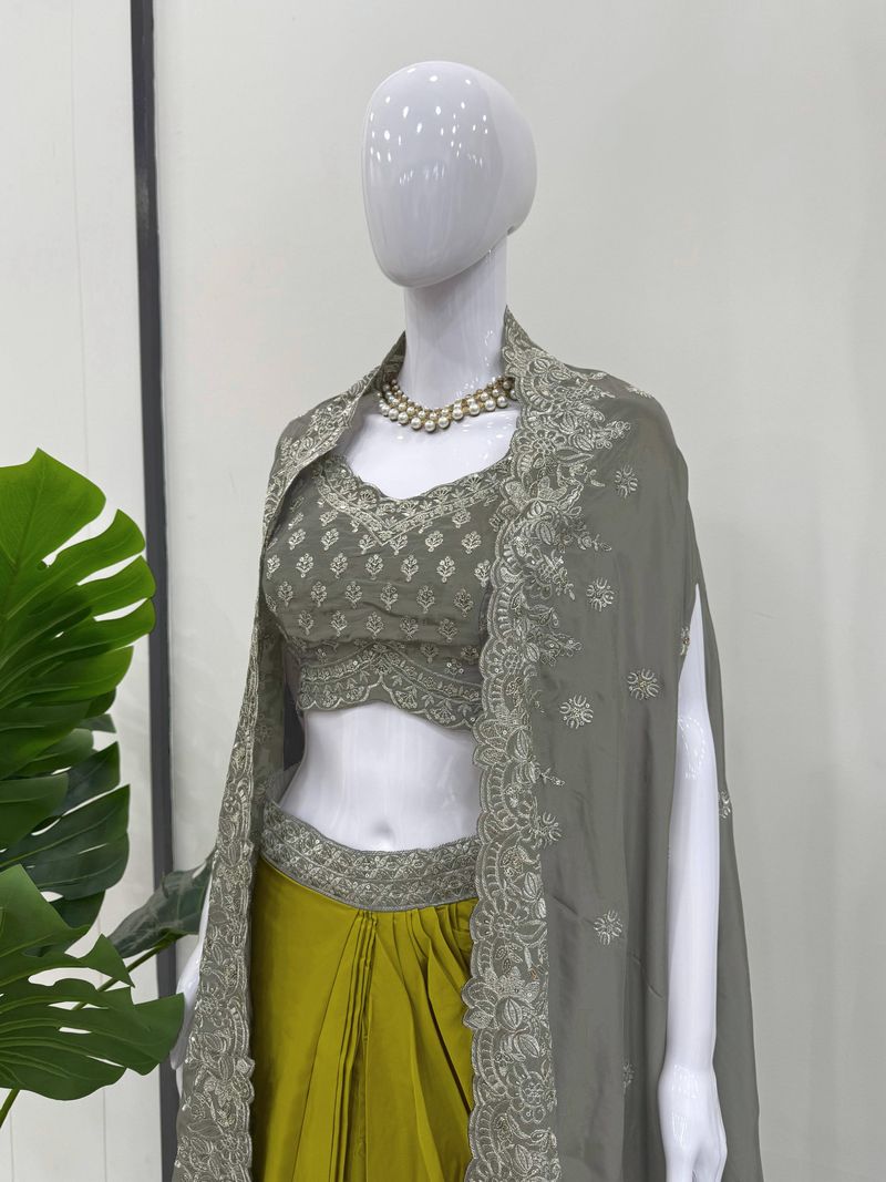 Multicolour american crap thread with sequence edam to wear dhoti style with shrug and unstitch choli