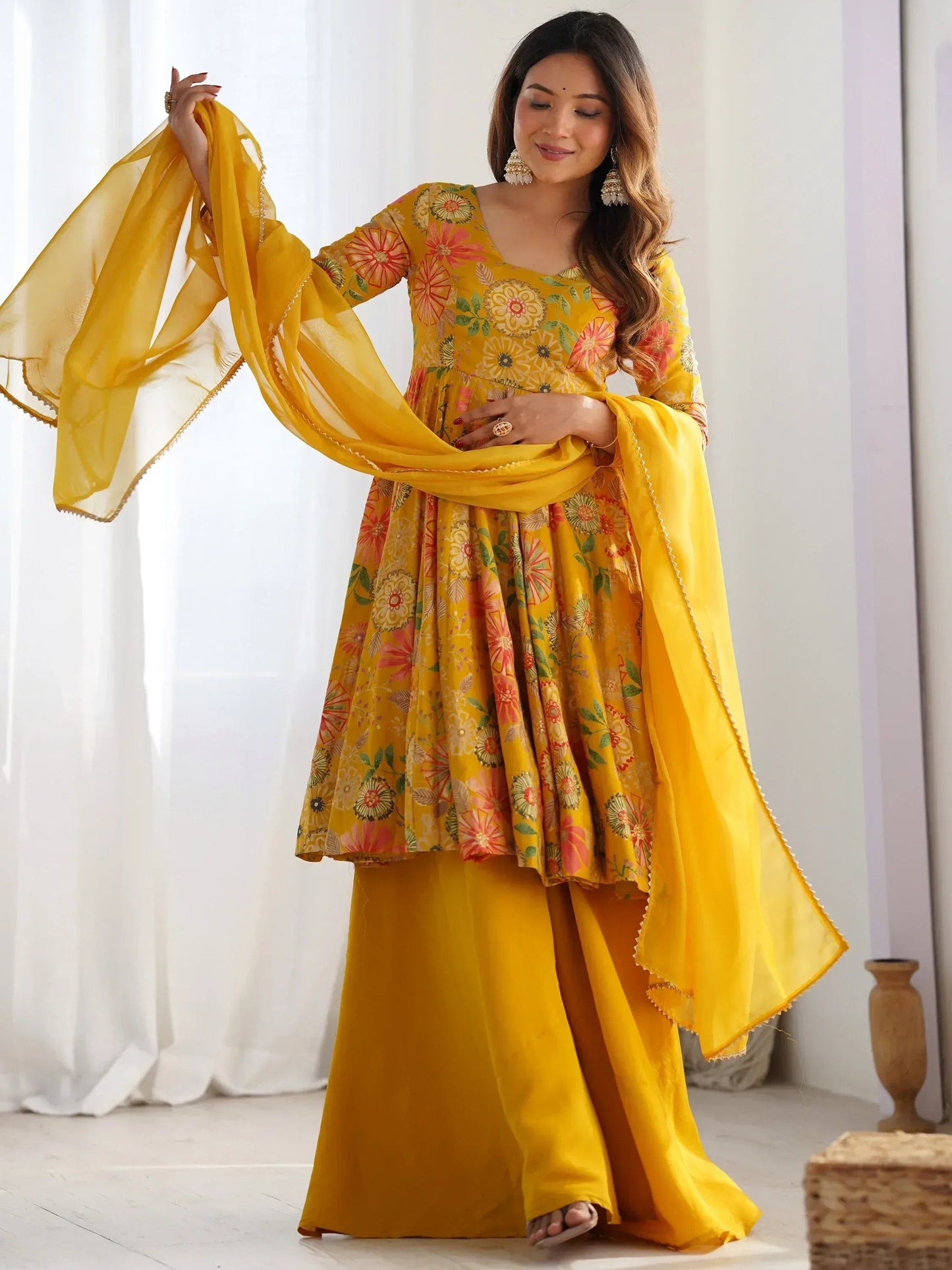 Yellow Floral Printed Silk Designer Palazzo Suit With Dupatta