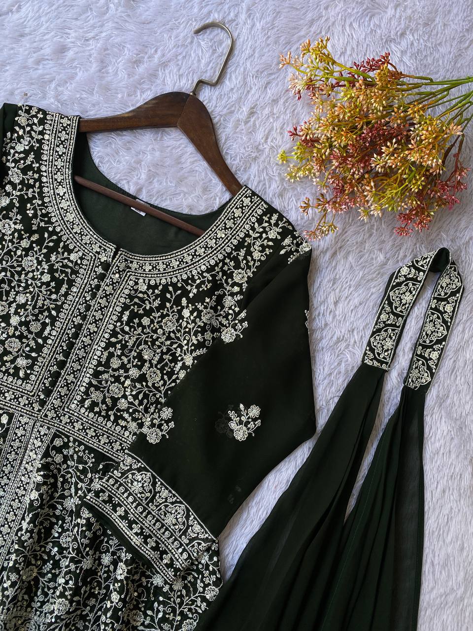 Green Embroidered Georgette Peplum Top Plazzo Set with Dupatta