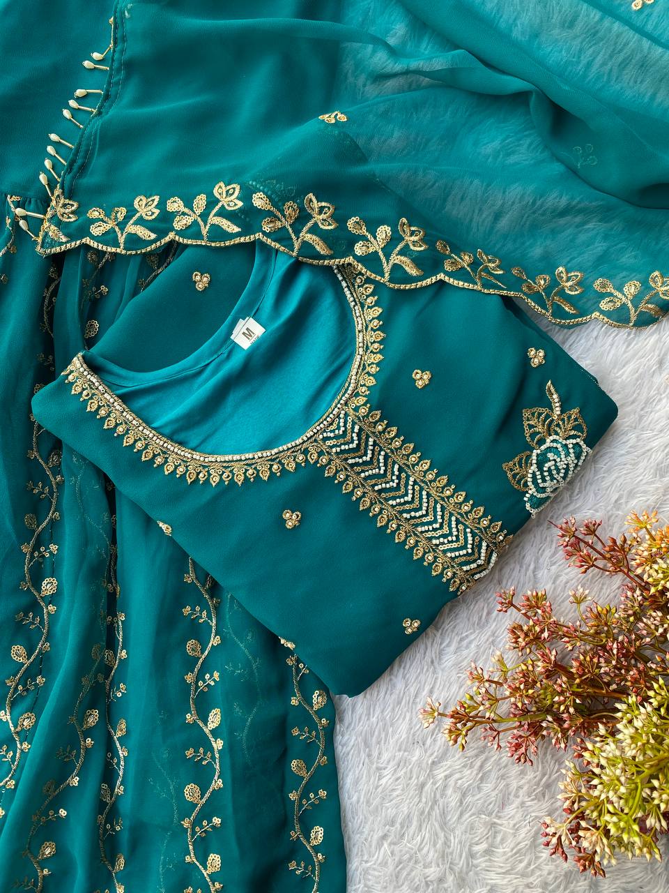 Teal Royal EID Special Faux Georgette Embroidered Gharara Suit Set with Dupatta
