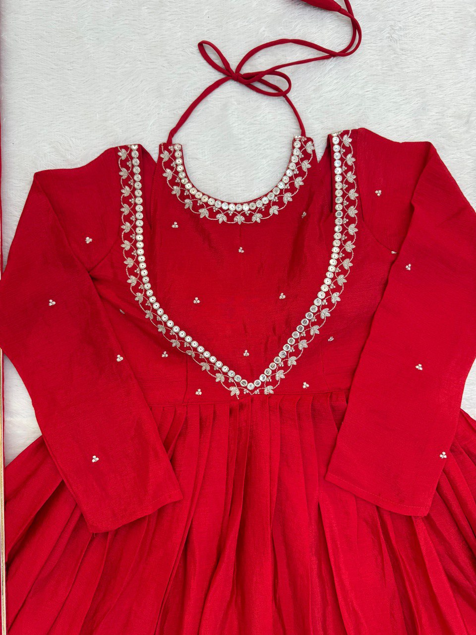 Red Chinon Silk Embroidered Top with Plazo and Lace Border Dupatta