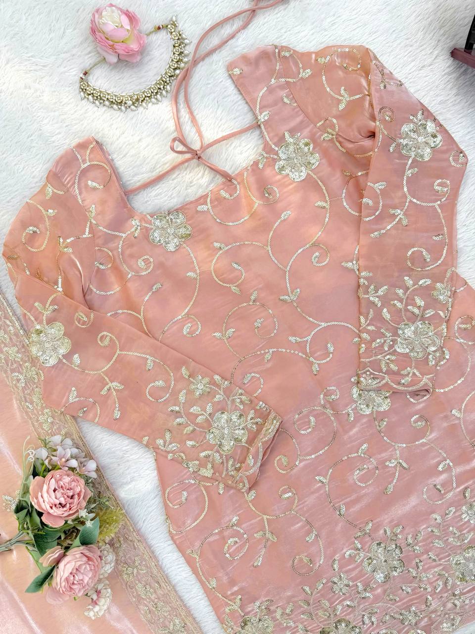 Soft Pink Rose JMC Silk Embroidered Top and Sharara Set with Matching Dupatta