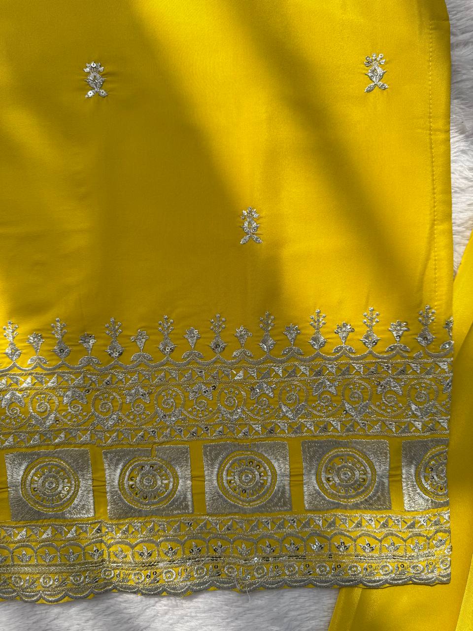 Saffron Yellow Natural Crepe Silk Thread and Sequence Work Sharara Set with Chinon Silk Dupatta