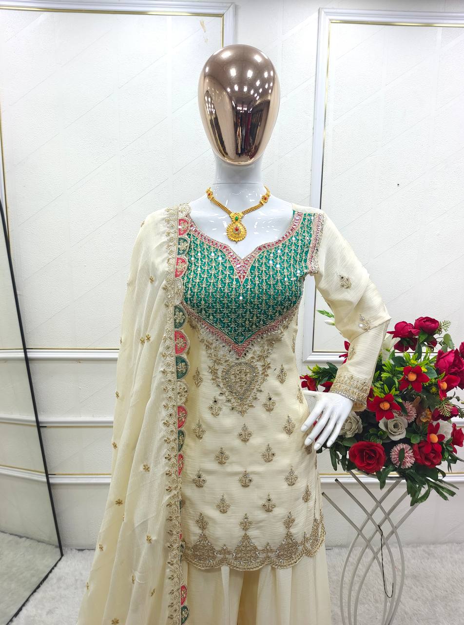 Zareen Cream Chinon Silk Embroidered Sharara Suit Set with Mirror Work Dupatta