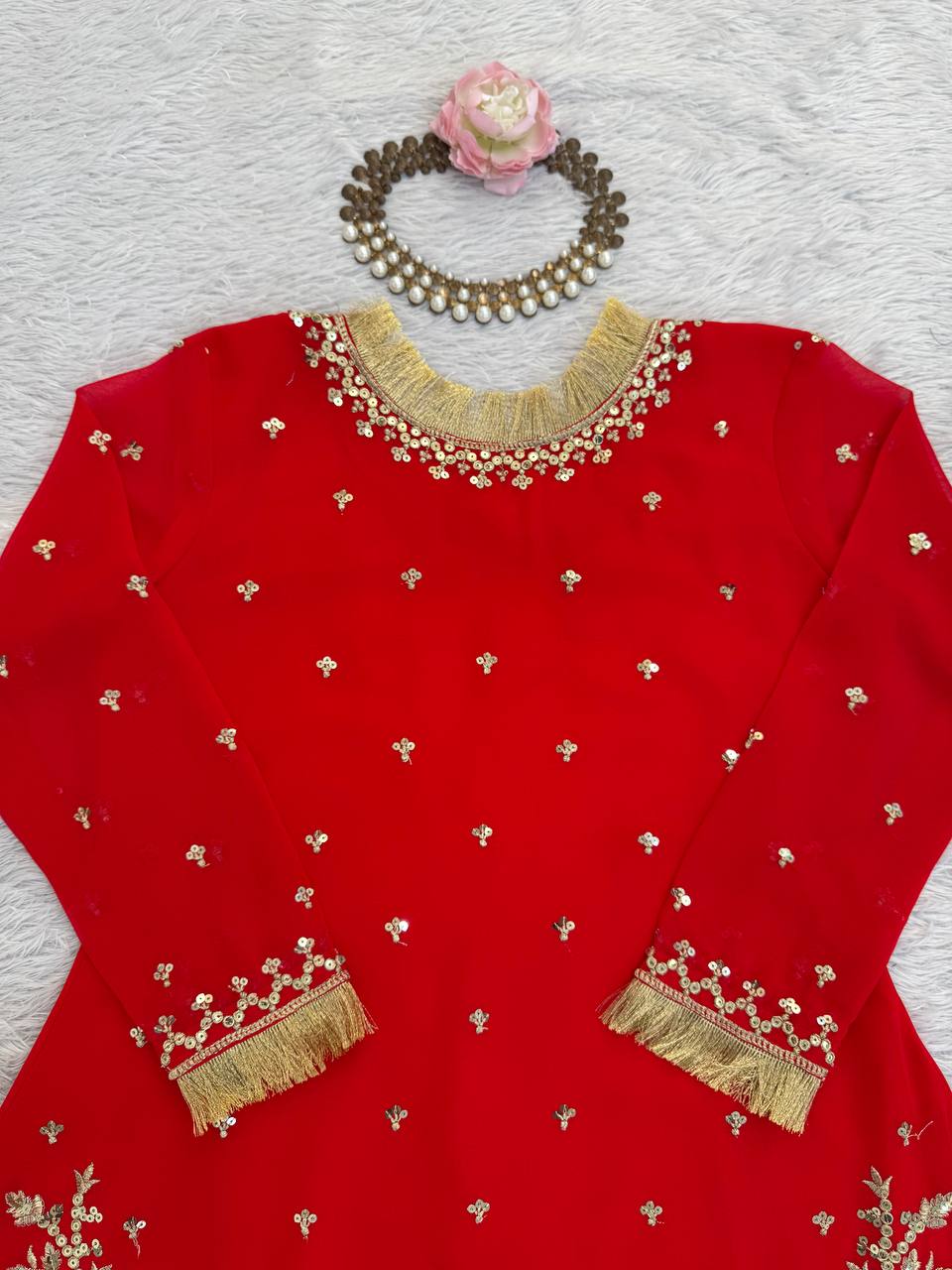 Red C by C Faux Georgette Thread and Sequence Work Sharara Set with Lace Dupatta