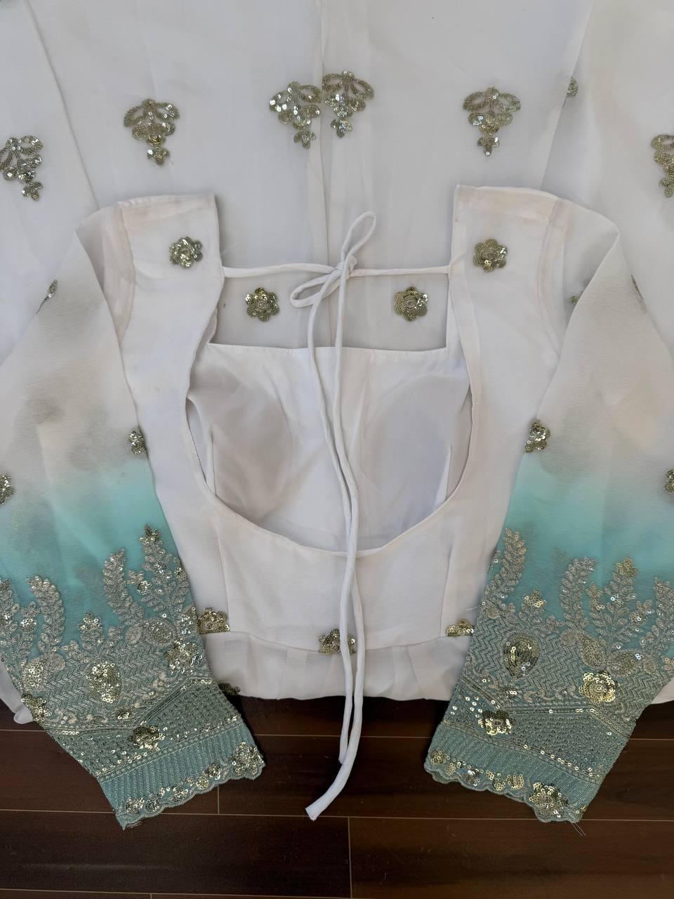 White And Rama Star Georgette Thread and Sequence Work Anarkali Set with Pant and Four-Side Border Dupatta